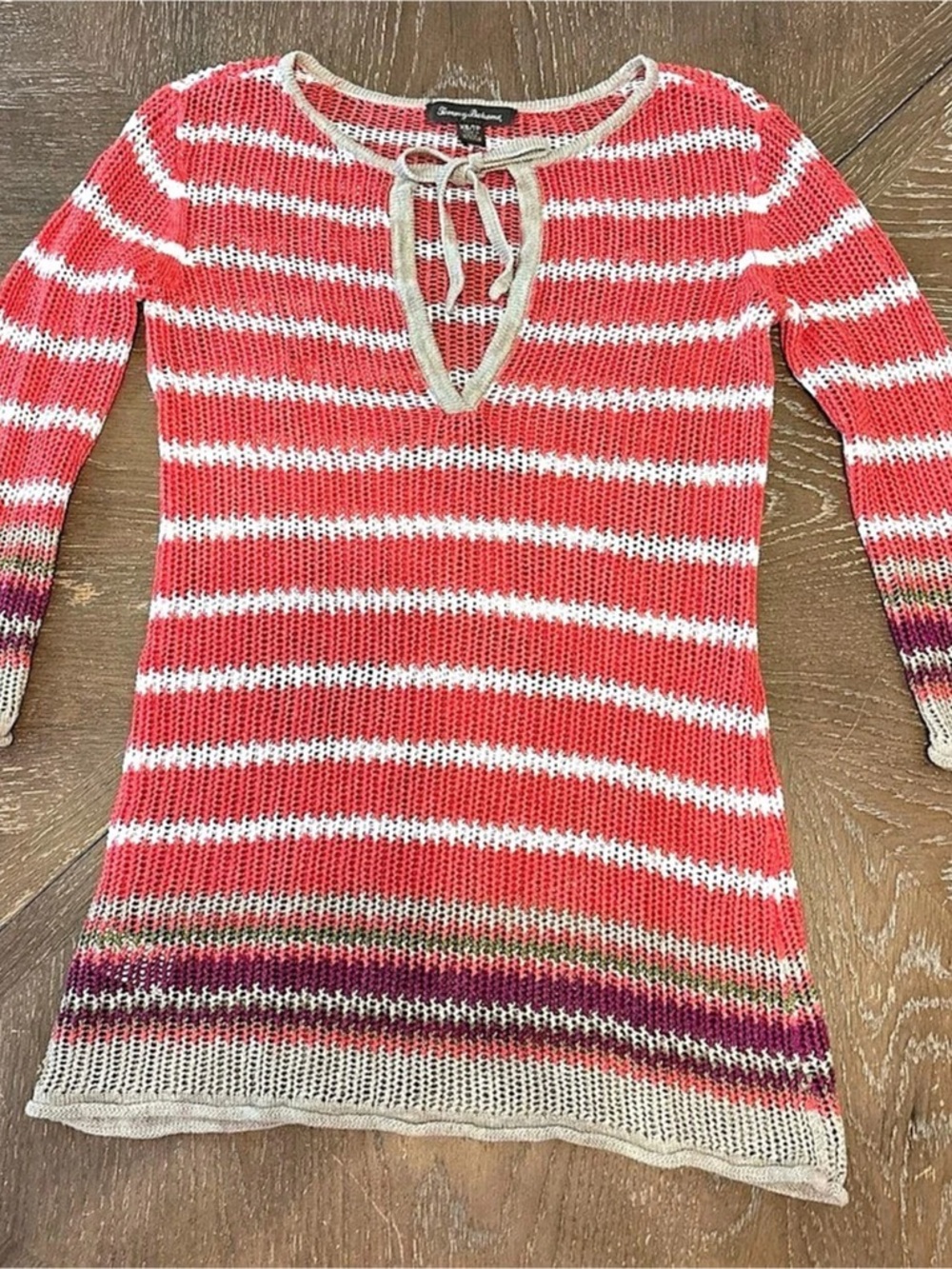 Tommy Bahama Striped Lace-Up Sweater in Red & Beige Size XS